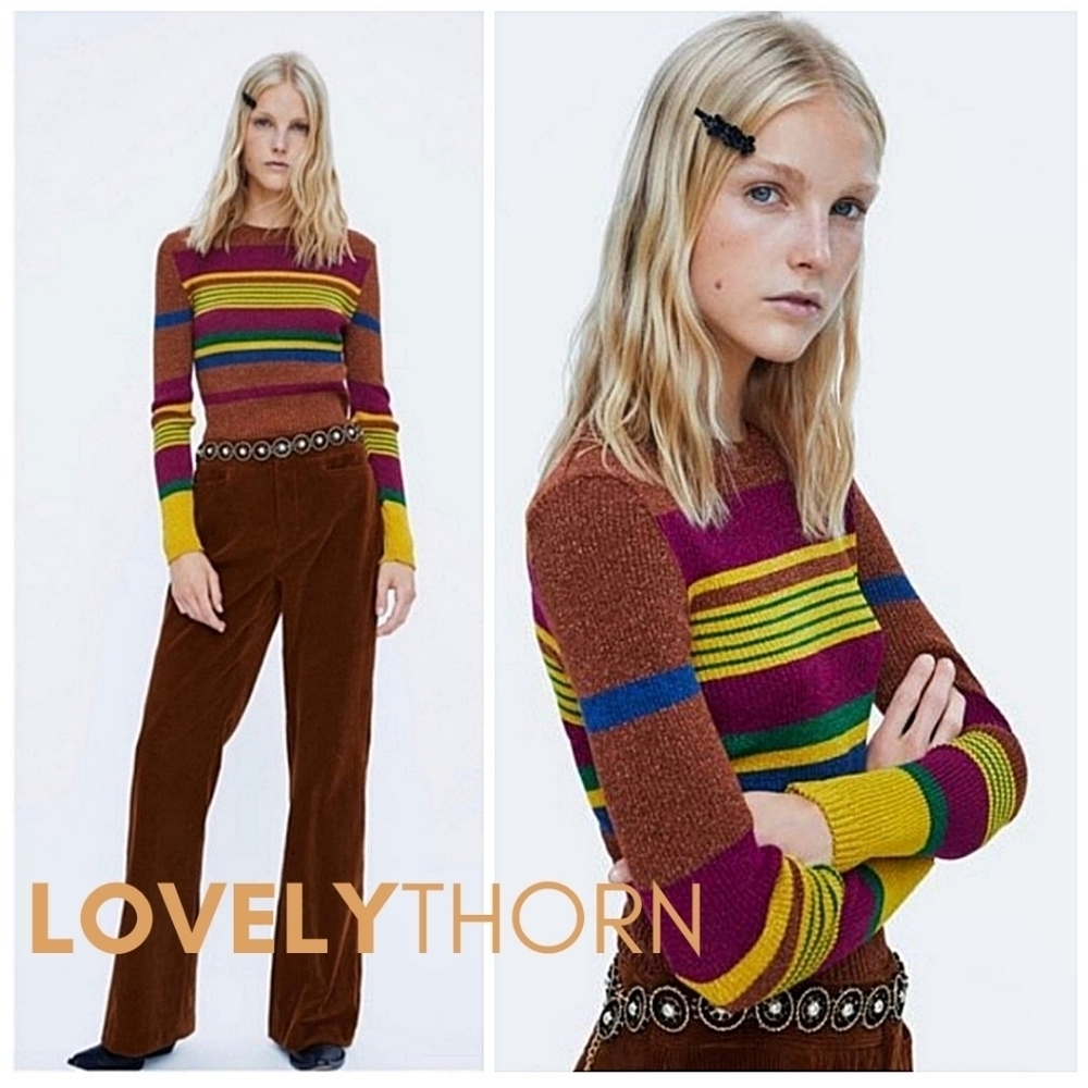 ZARA // ltd ed ultra-chic retro metallic stripe ribbed knit top sweater